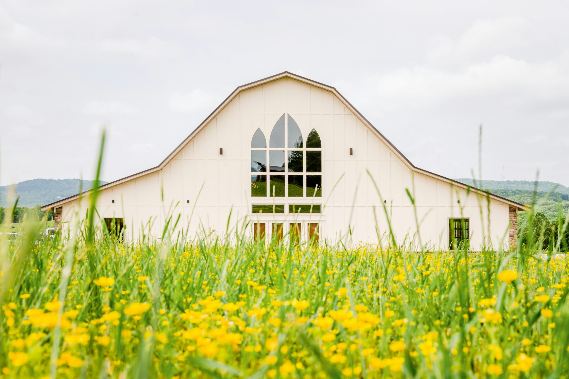 Hoeve in een veld met gele bloemen